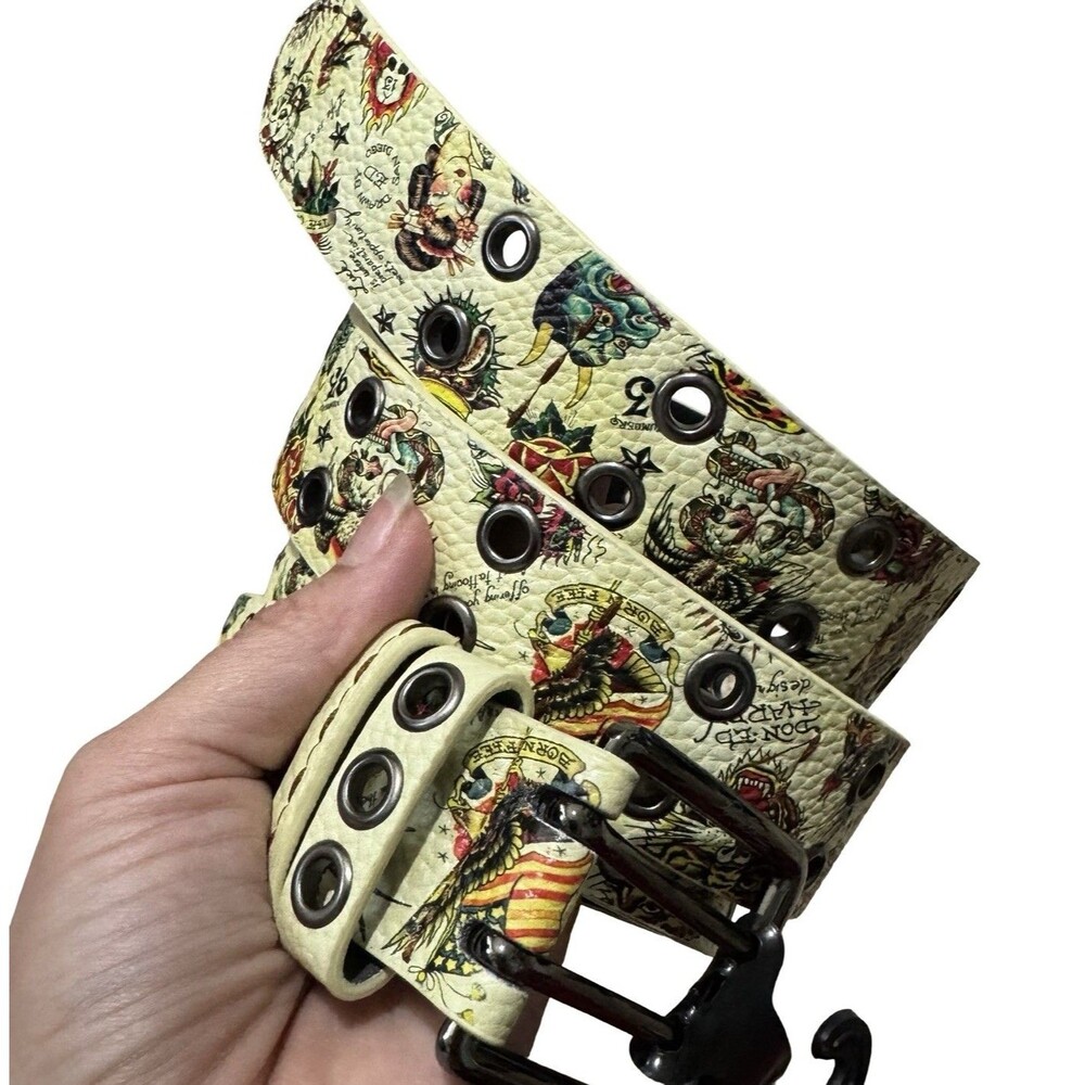 Ed Hardy Men's Double Prong Ace of Hearts Cream Belt Metal Grommets Sz 42 NWT